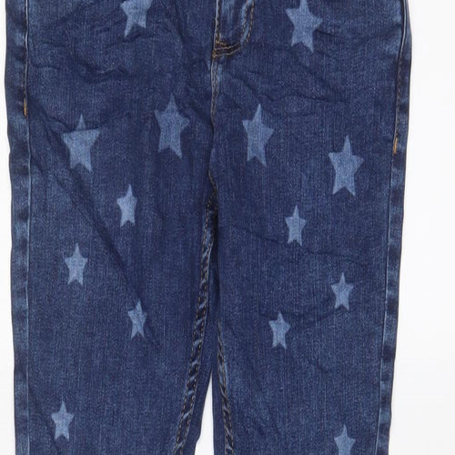 Marks and Spencer Girls Blue Geometric Cotton Skinny Jeans Size 8-9 Years L22 in Regular Zip - Star Pattern