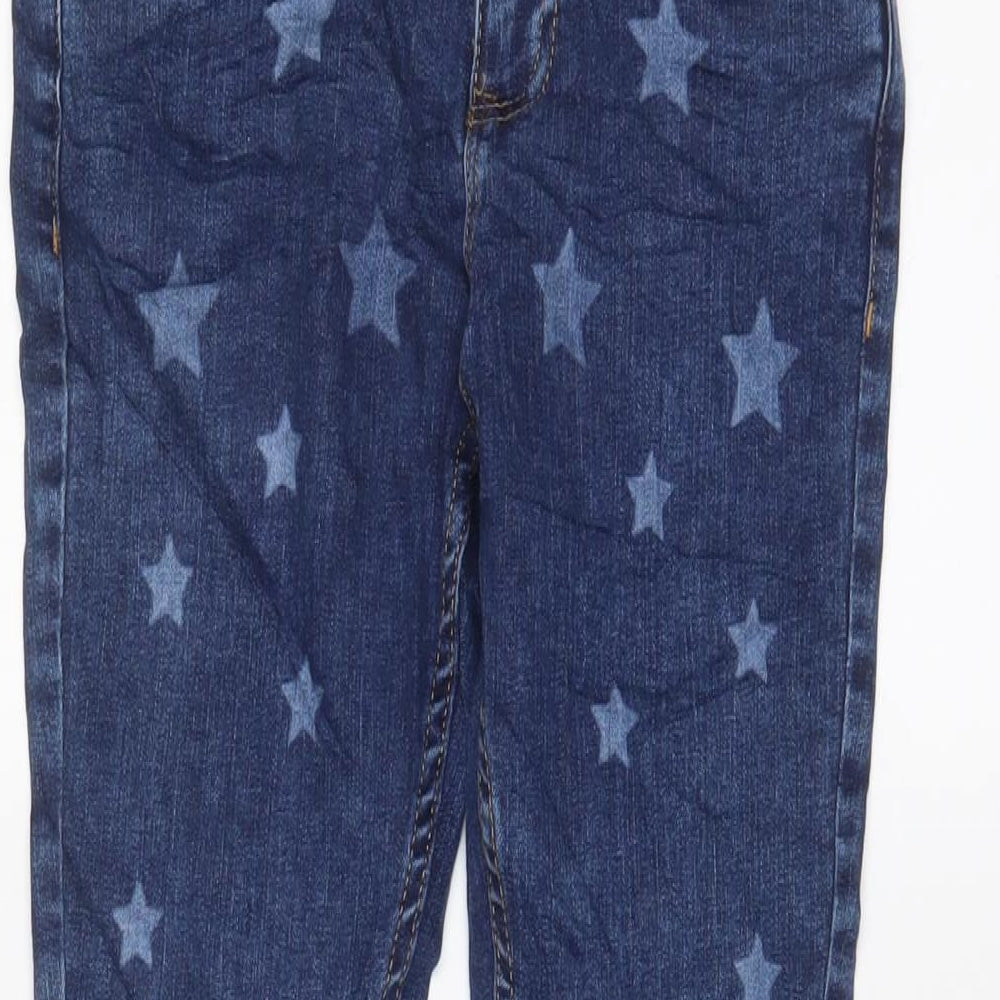 Marks and Spencer Girls Blue Geometric Cotton Skinny Jeans Size 8-9 Years L22 in Regular Zip - Star Pattern