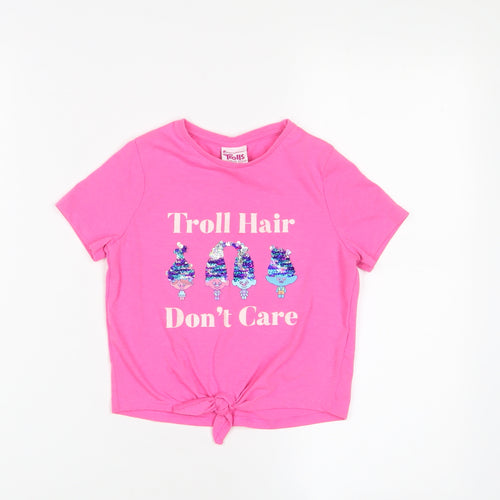 Troll Girls Pink Cotton Basic T-Shirt Size 6-7 Years Crew Neck Pullover - Sequin