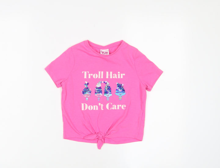 Troll Girls Pink Cotton Basic T-Shirt Size 6-7 Years Crew Neck Pullover - Sequin