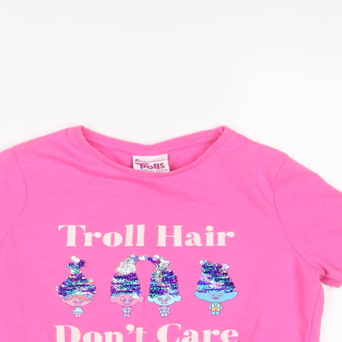 Troll Girls Pink Cotton Basic T-Shirt Size 6-7 Years Crew Neck Pullover - Sequin