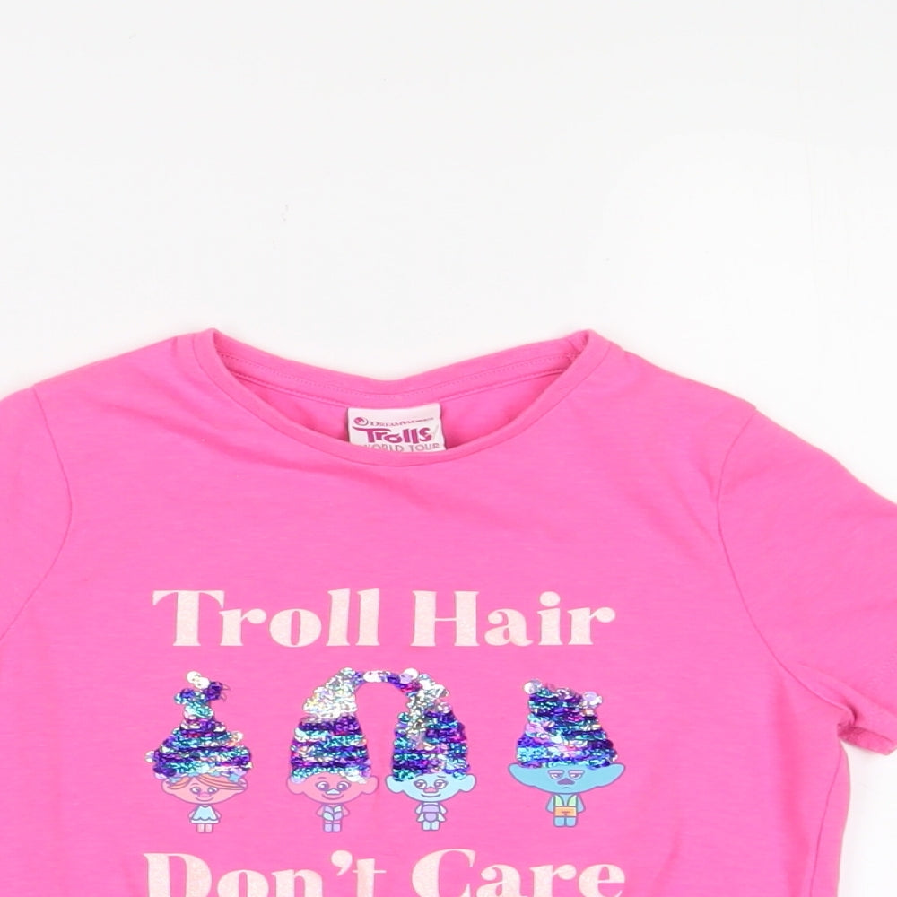 Troll Girls Pink Cotton Basic T-Shirt Size 6-7 Years Crew Neck Pullover - Sequin