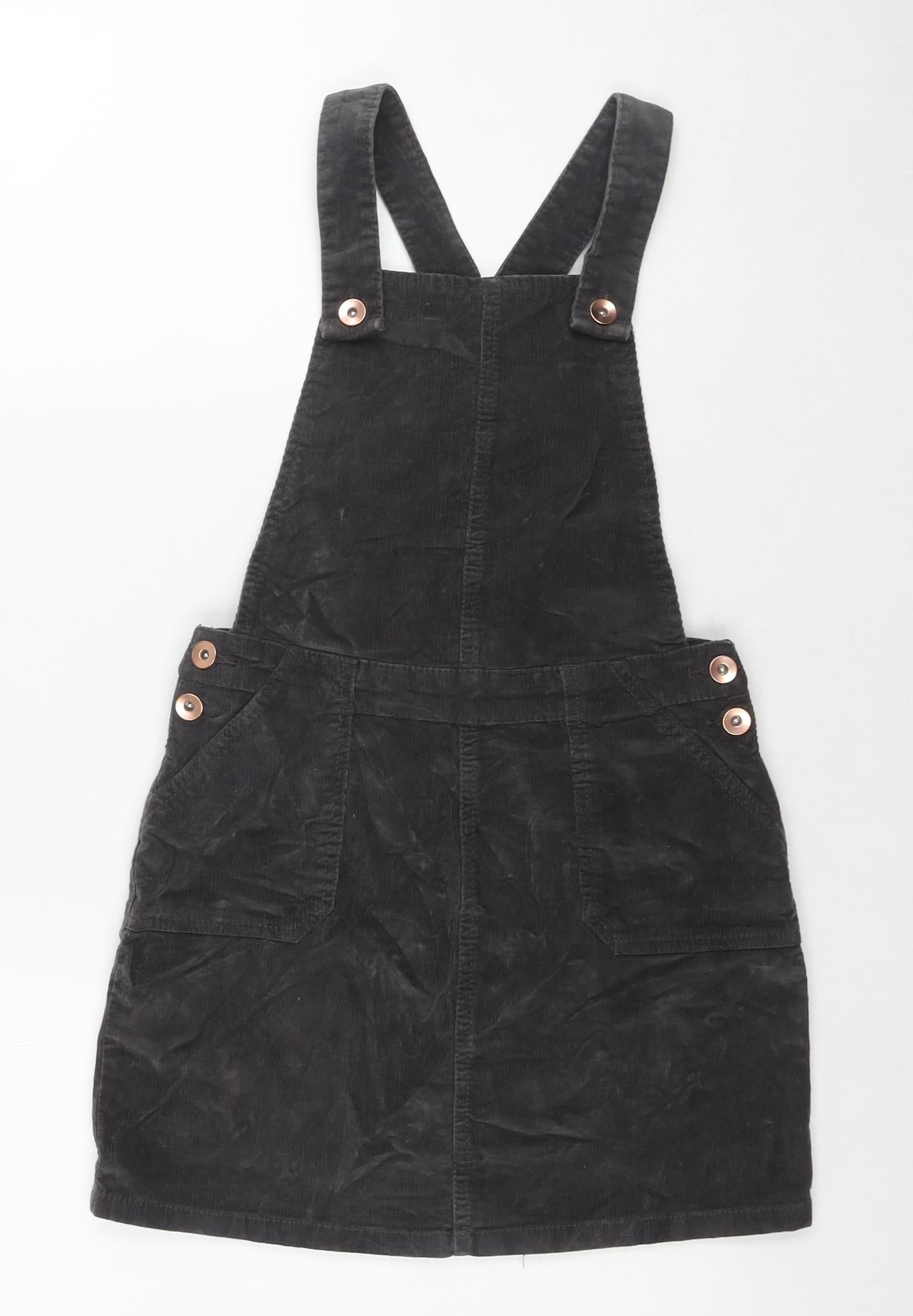 George Girls Grey Cotton Pinafore/Dungaree Dress Size 9-10 Years Square Neck Button
