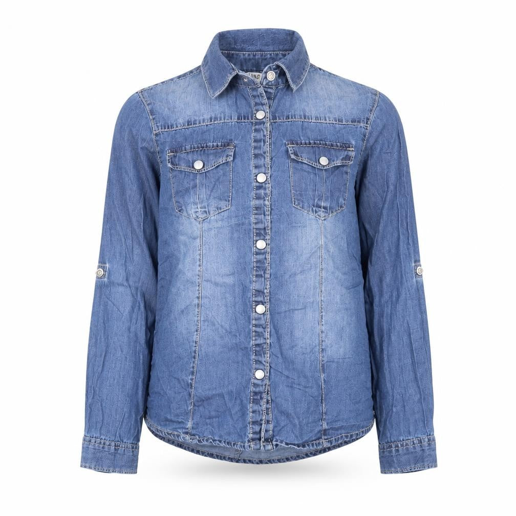 Front view of Kanz girls’ blue cotton basic button-up, size 9, years collared snap