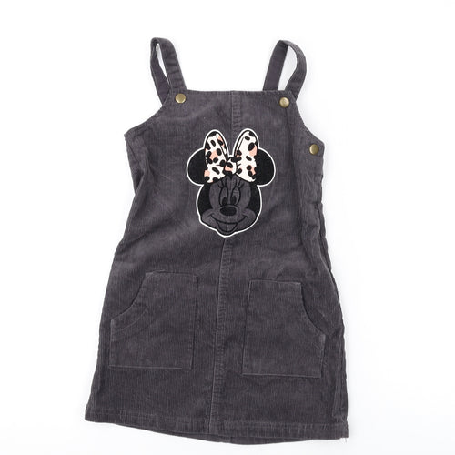 George Girls Grey Cotton Pinafore/Dungaree Dress Size 4-5 Years Square Neck Snap - Minnie Mouse