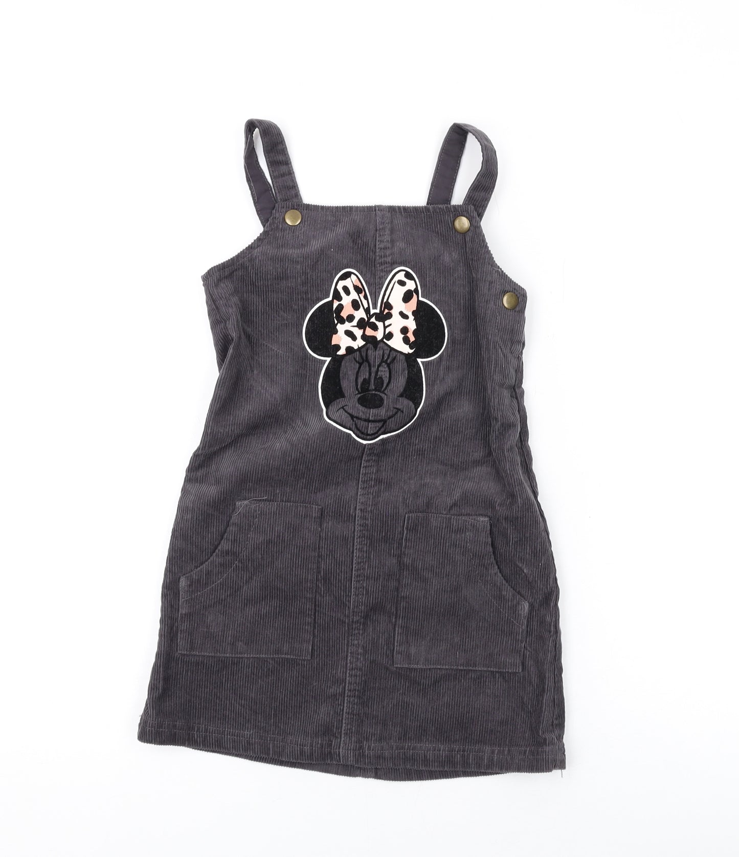 George Girls Grey Cotton Pinafore/Dungaree Dress Size 4-5 Years Square Neck Snap - Minnie Mouse