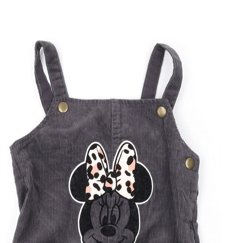 George Girls Grey Cotton Pinafore/Dungaree Dress Size 4-5 Years Square Neck Snap - Minnie Mouse