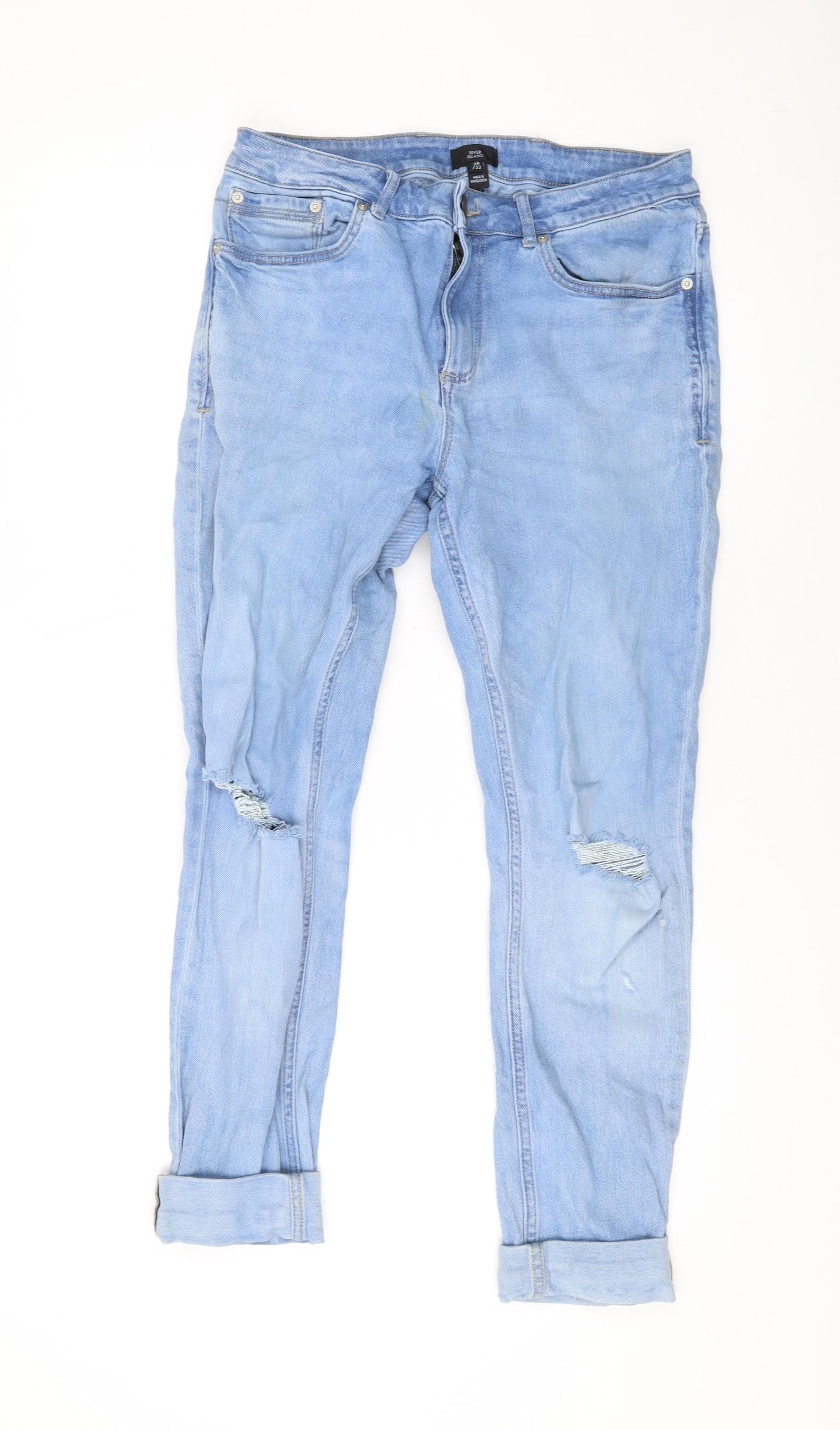 River Island Mens Blue Cotton Straight Jeans Size 30 in L32 in Regular Zip