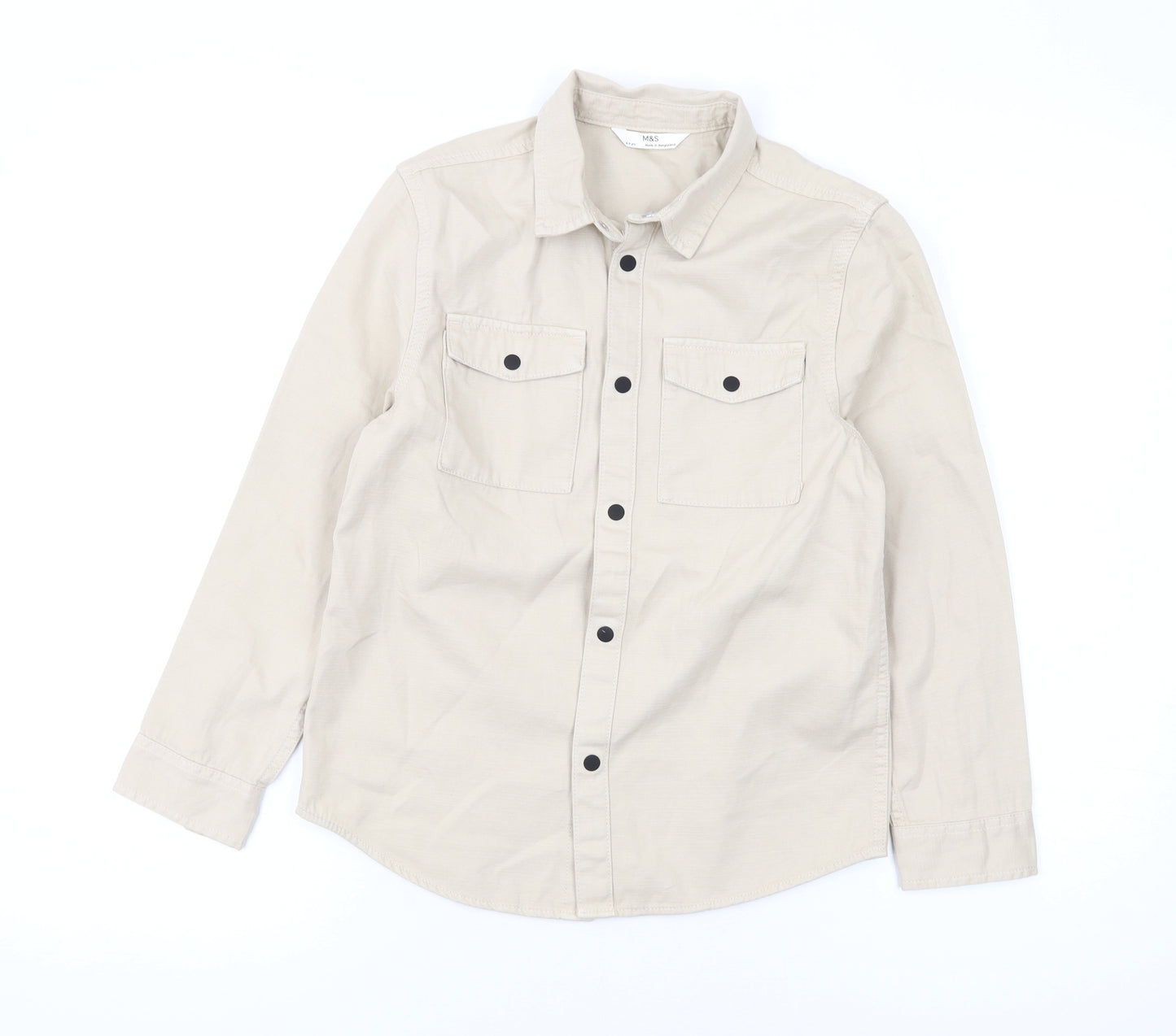 Marks and Spencer Boys Beige Cotton Basic Button-Up Size 8-9 Years Collared Snap