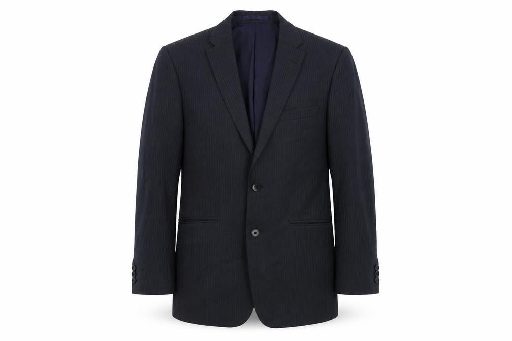 Front view of Scott & Taylor men’s blue striped polyester jacket suit jacket, size 40, regular