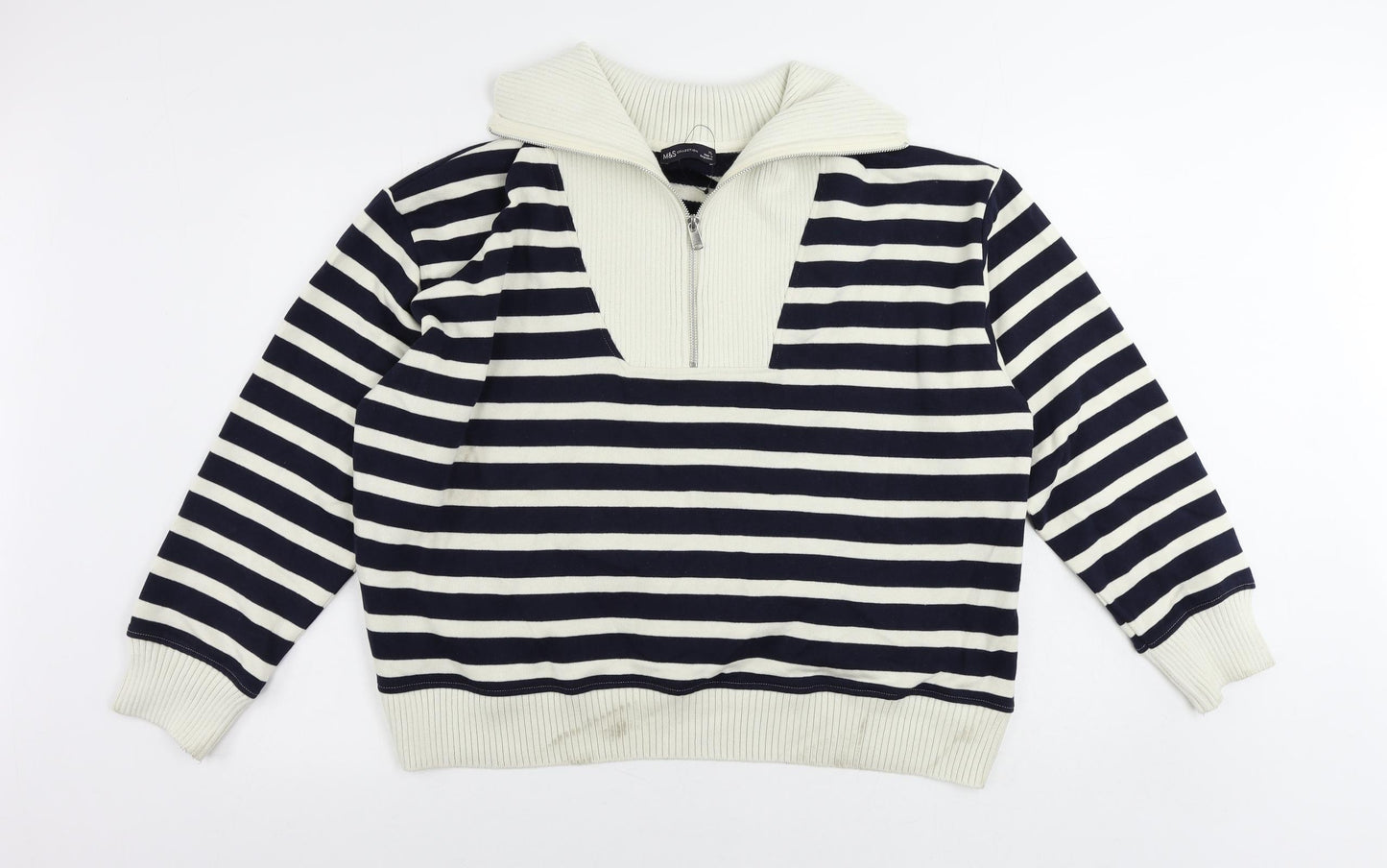 Marks and Spencer Womens Blue High Neck Striped Cotton Pullover Jumper Size XL