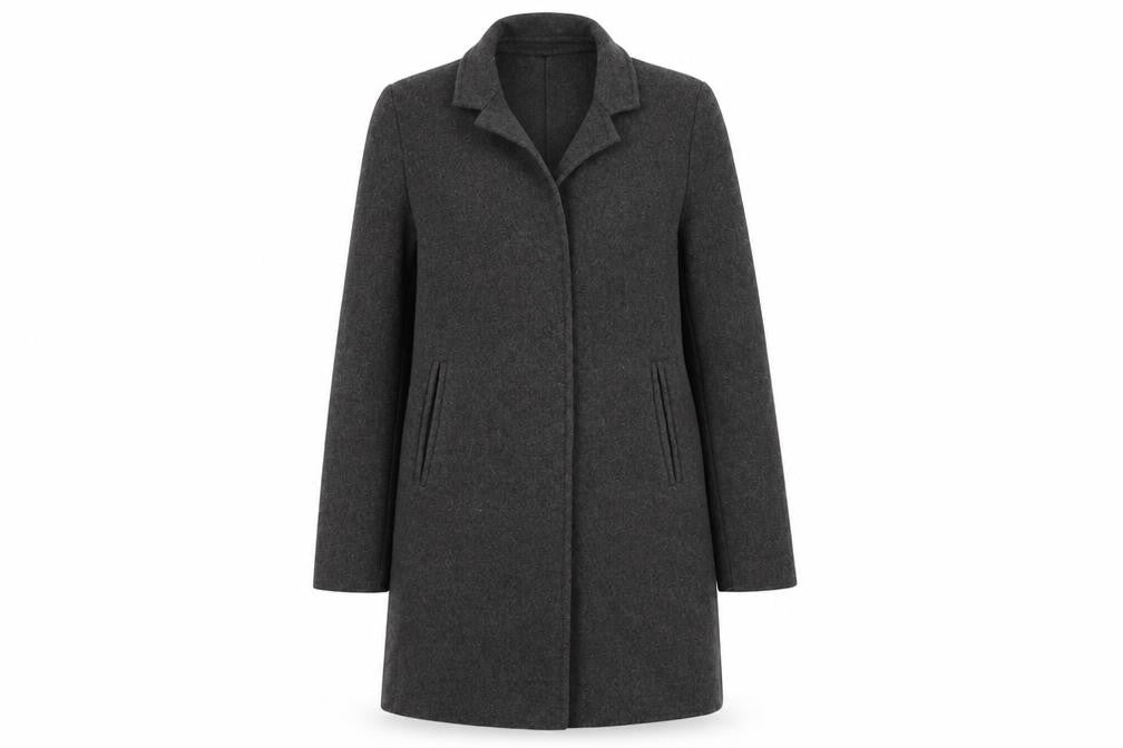 Front view of Zara women’s grey overcoat coat, size XS, snap