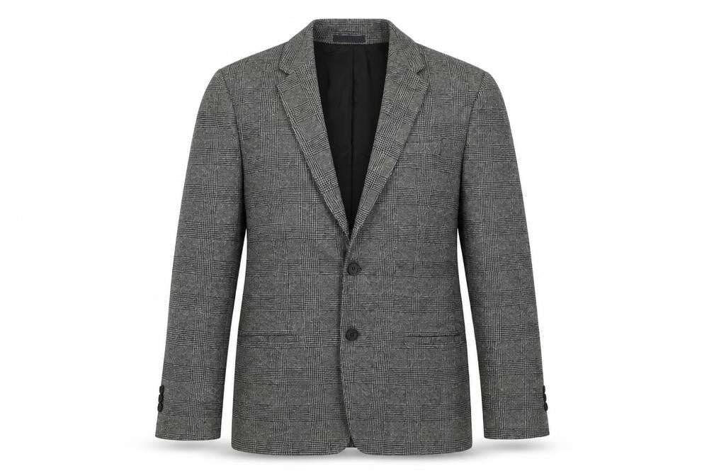 Front view of River Island men’s grey plaid polyester jacket blazer, size 40, regular