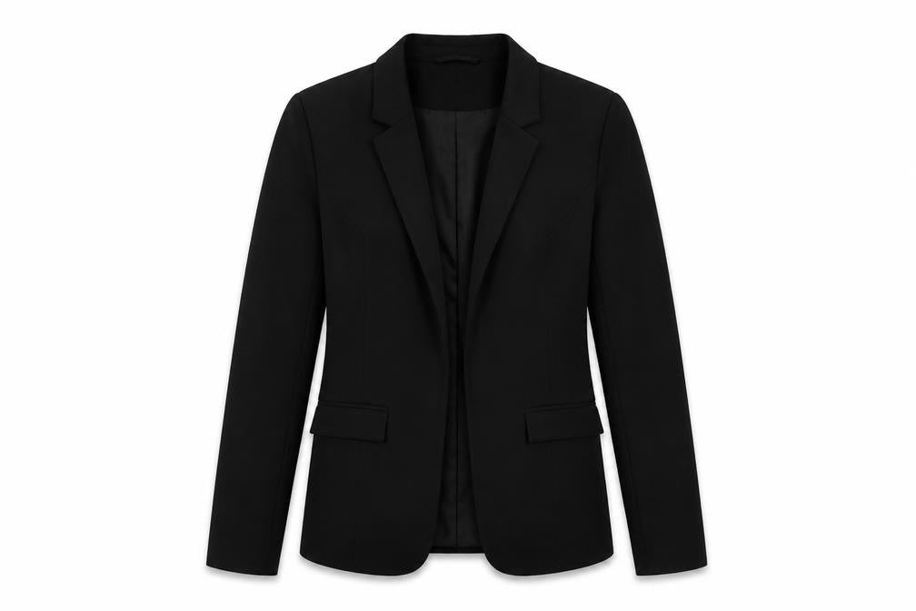 Front view of Oasis women’s black jacket blazer, size UK 10, - open