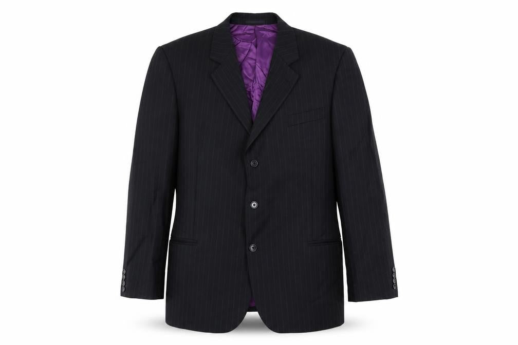 Front view of Racing Green men’s blue striped wool jacket suit jacket, size 46, regular
