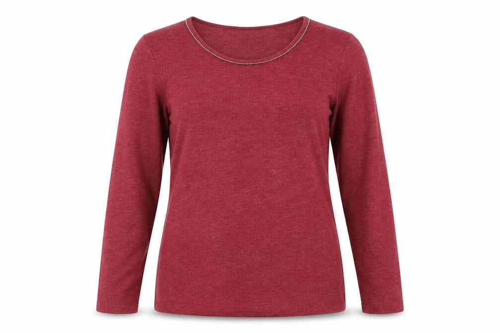 Front view of Marks & Spencer women’s red polyester basic t-shirt, size UK 12, boat neck - embellished neckline