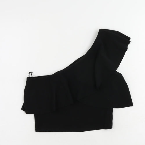 Stradivarius Womens Black Polyester Cropped Blouse Size M One Shoulder - Ruffle