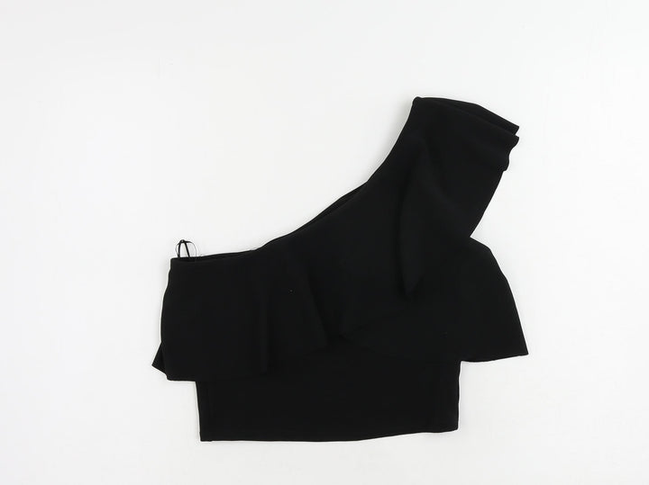 Stradivarius Womens Black Polyester Cropped Blouse Size M One Shoulder - Ruffle