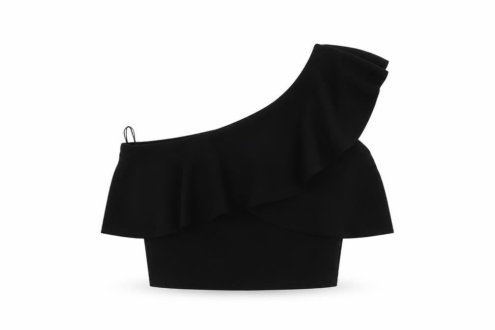 Front view of Stradivarius women’s black polyester cropped blouse, size M, one shoulder - ruffle