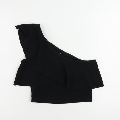Stradivarius Womens Black Polyester Cropped Blouse Size M One Shoulder - Ruffle