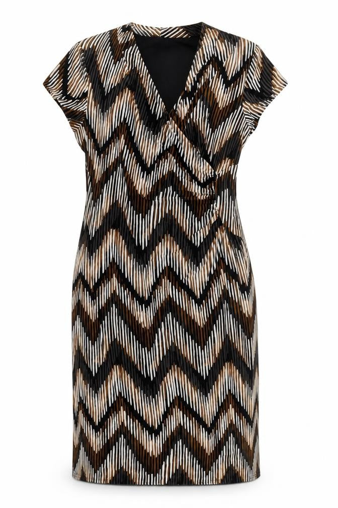 Front view of Country Casuals women’s brown geometric polyester sheath, size L, v-neck pullover