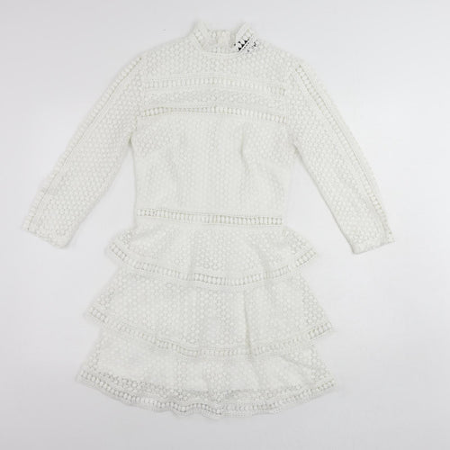 PRETTYLITTLETHING Womens White Polyester Mini Size 8 Mock Neck Zip - Ruffle