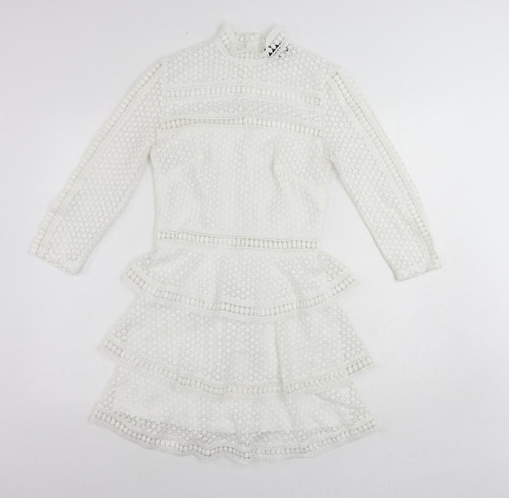 PRETTYLITTLETHING Womens White Polyester Mini Size 8 Mock Neck Zip - Ruffle