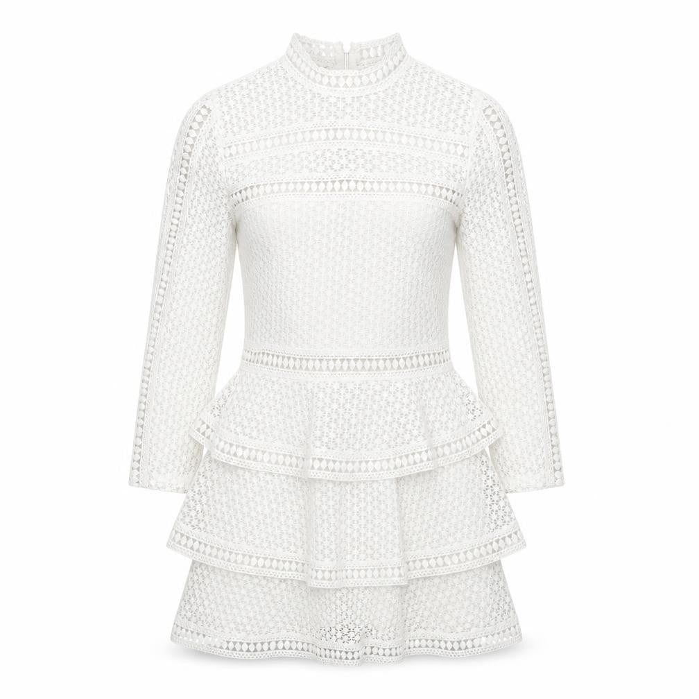 Front view of PRETTYLITTLETHING women’s white polyester mini, size UK 8, mock neck zip - ruffle