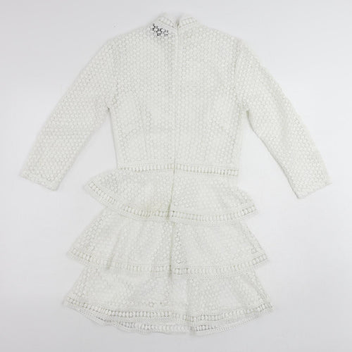 PRETTYLITTLETHING Womens White Polyester Mini Size 8 Mock Neck Zip - Ruffle