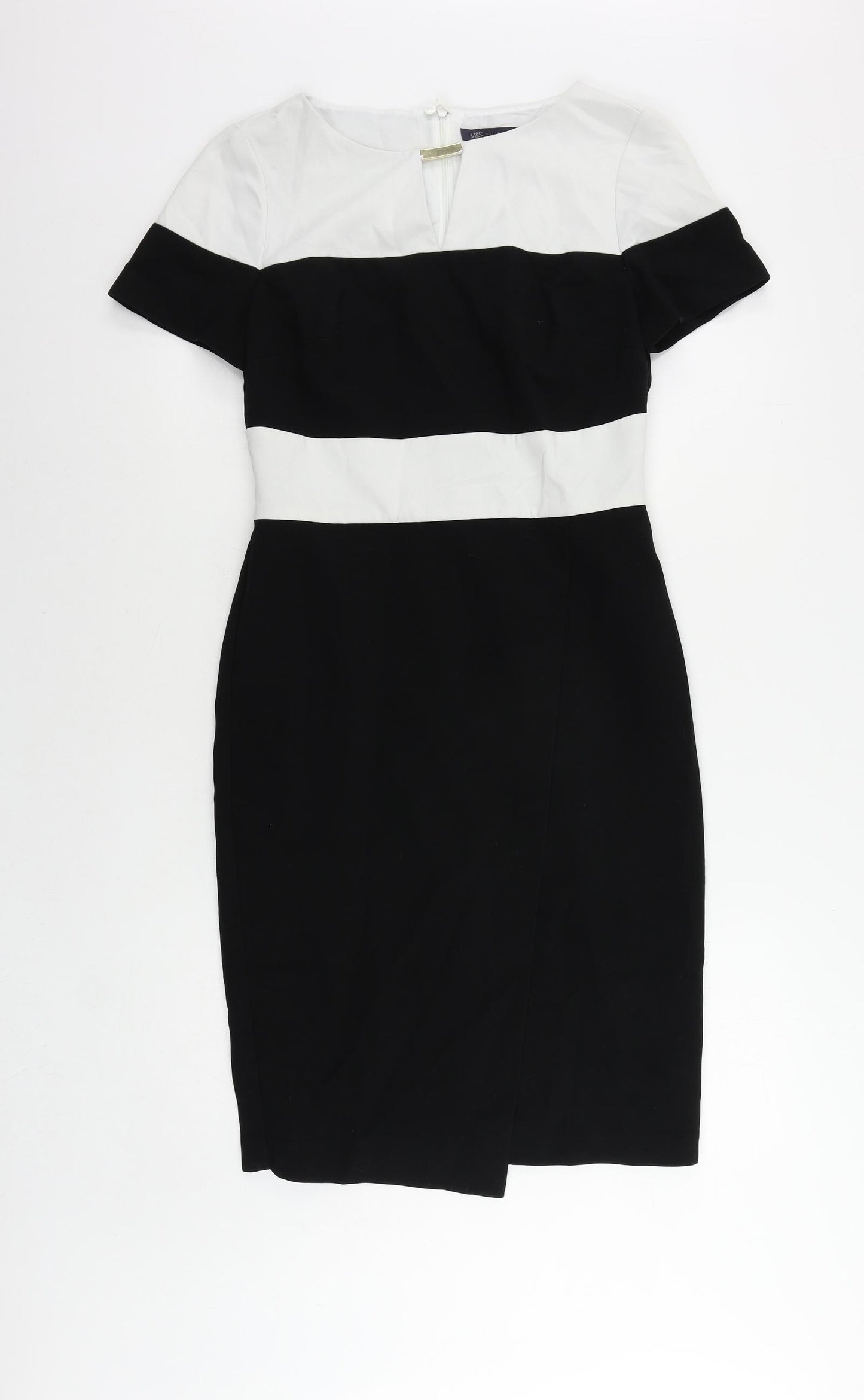 Marks and Spencer Womens Black Colourblock Polyester Pencil Dress Size 10 Boat Neck Zip