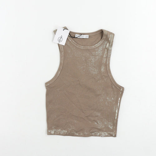 Stradivarius Womens Brown Cotton Cropped Tank Size XS Round Neck - Metallic Details