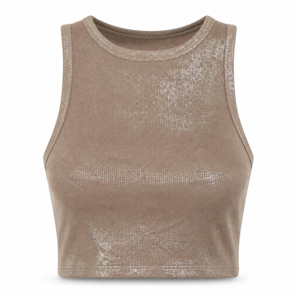 Stradivarius Womens Brown Cotton Cropped Tank Size XS Round Neck - Metallic Details