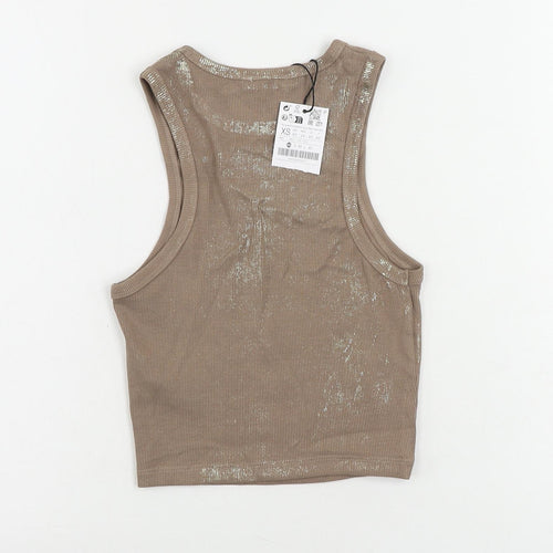Stradivarius Womens Brown Cotton Cropped Tank Size XS Round Neck - Metallic Details