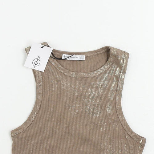 Stradivarius Womens Brown Cotton Cropped Tank Size XS Round Neck - Metallic Details