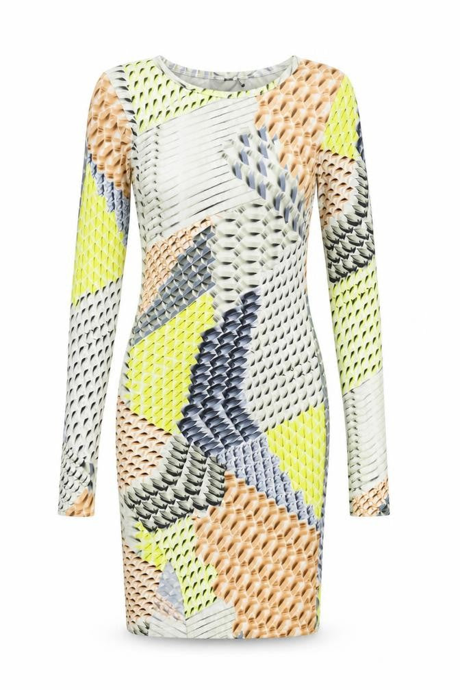 Front view of Topshop women’s multicoloured geometric polyester bodycon, size UK 6, round neck pullover
