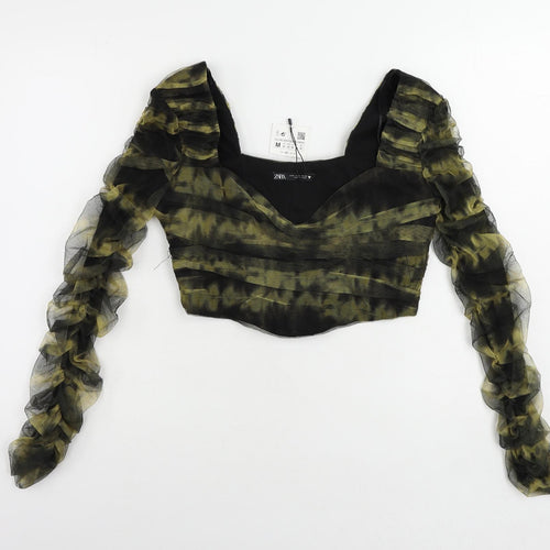 Zara Womens Green Polyester Cropped Blouse Size M Square Neck - Ruched