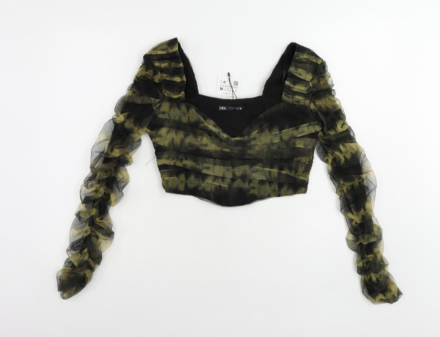 Zara Womens Green Polyester Cropped Blouse Size M Square Neck - Ruched