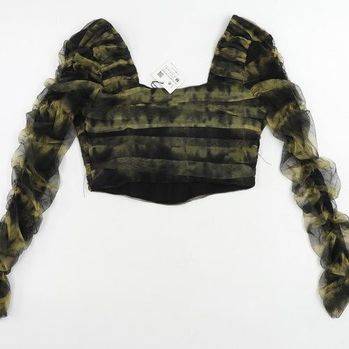 Zara Womens Green Polyester Cropped Blouse Size M Square Neck - Ruched