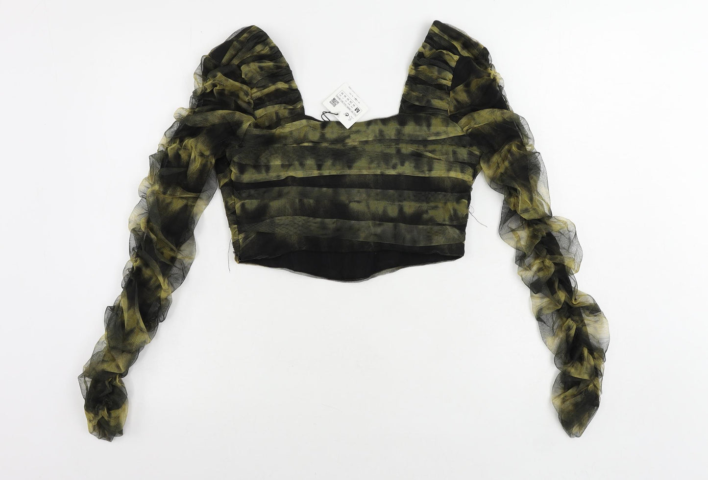 Zara Womens Green Polyester Cropped Blouse Size M Square Neck - Ruched