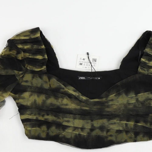 Zara Womens Green Polyester Cropped Blouse Size M Square Neck - Ruched