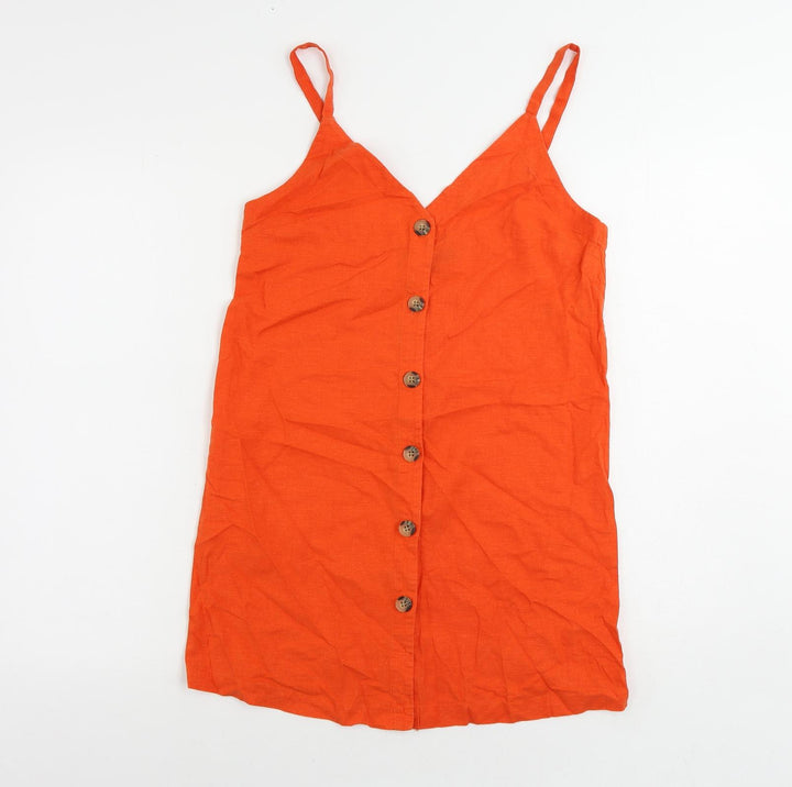 Topshop Womens Orange Linen Slip Dress Size 8 V-Neck Button