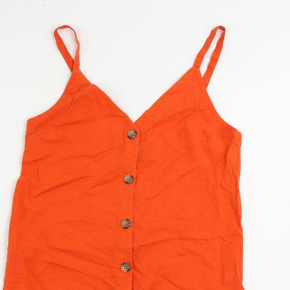 Topshop Womens Orange Linen Slip Dress Size 8 V-Neck Button