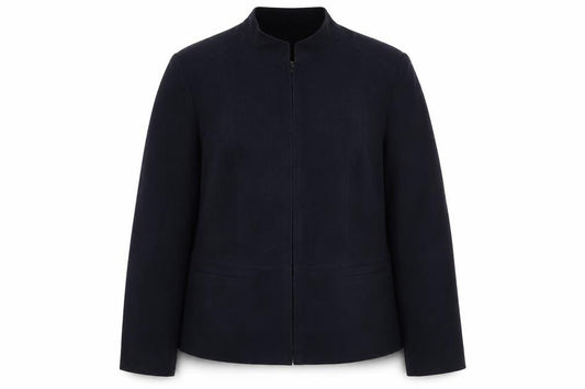 Front view of EWM women’s blue jacket, size UK 18, zip