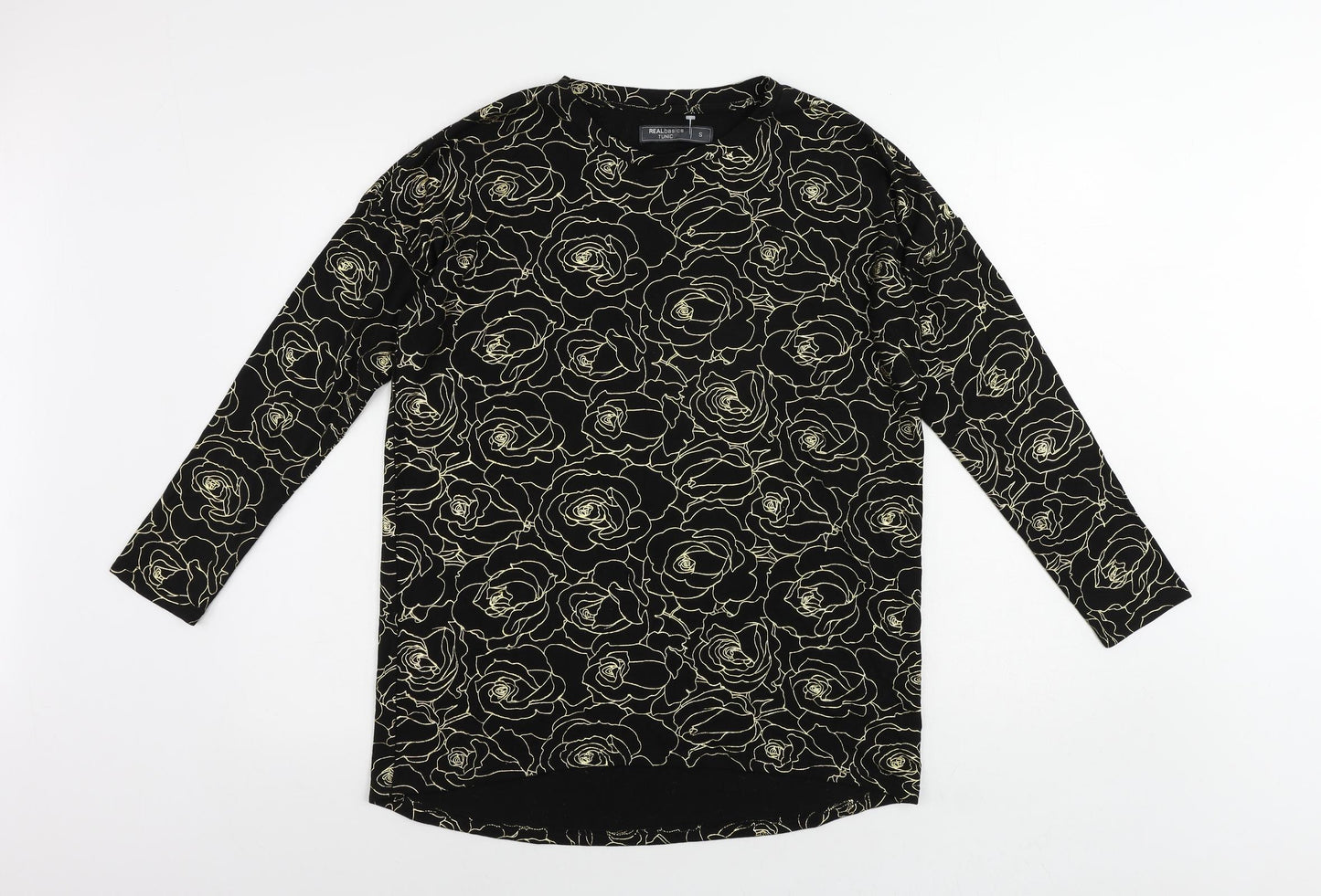 Real Basics Womens Black Floral Viscose Tunic Blouse Size S Round Neck