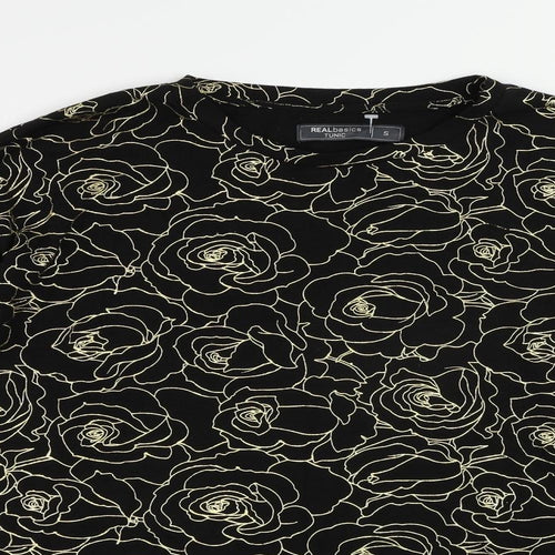 Real Basics Womens Black Floral Viscose Tunic Blouse Size S Round Neck