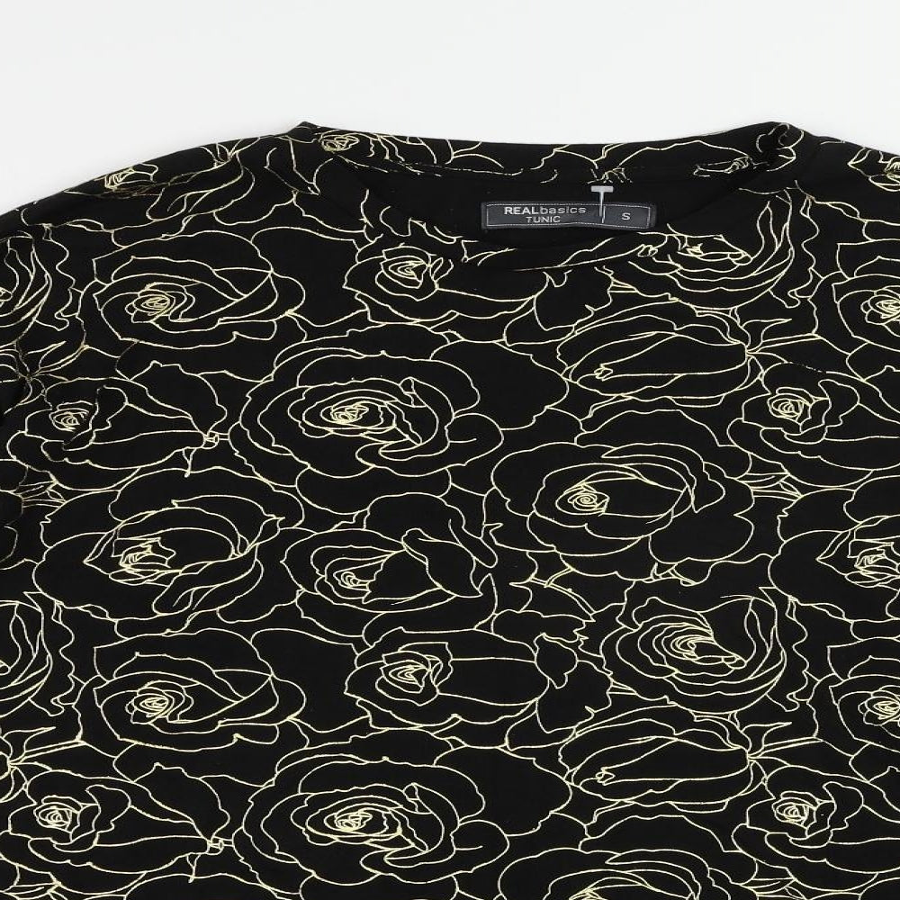 Real Basics Womens Black Floral Viscose Tunic Blouse Size S Round Neck