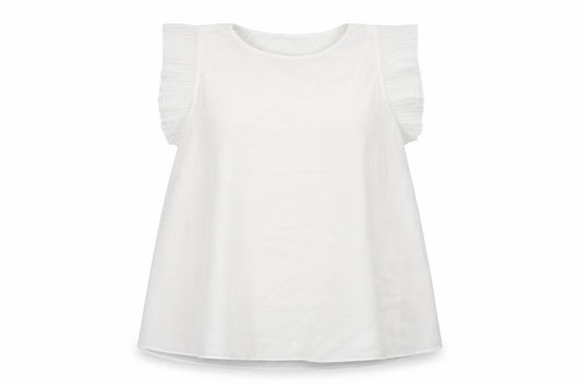 Front view of New Collection women’s white polyester basic blouse, size M, round neck - ruffle