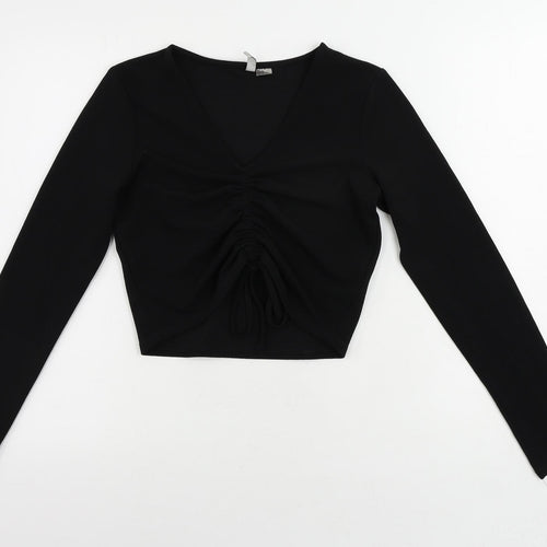 Divided by H&M Womens Black Polyester Cropped Blouse Size S V-Neck - Ruched
