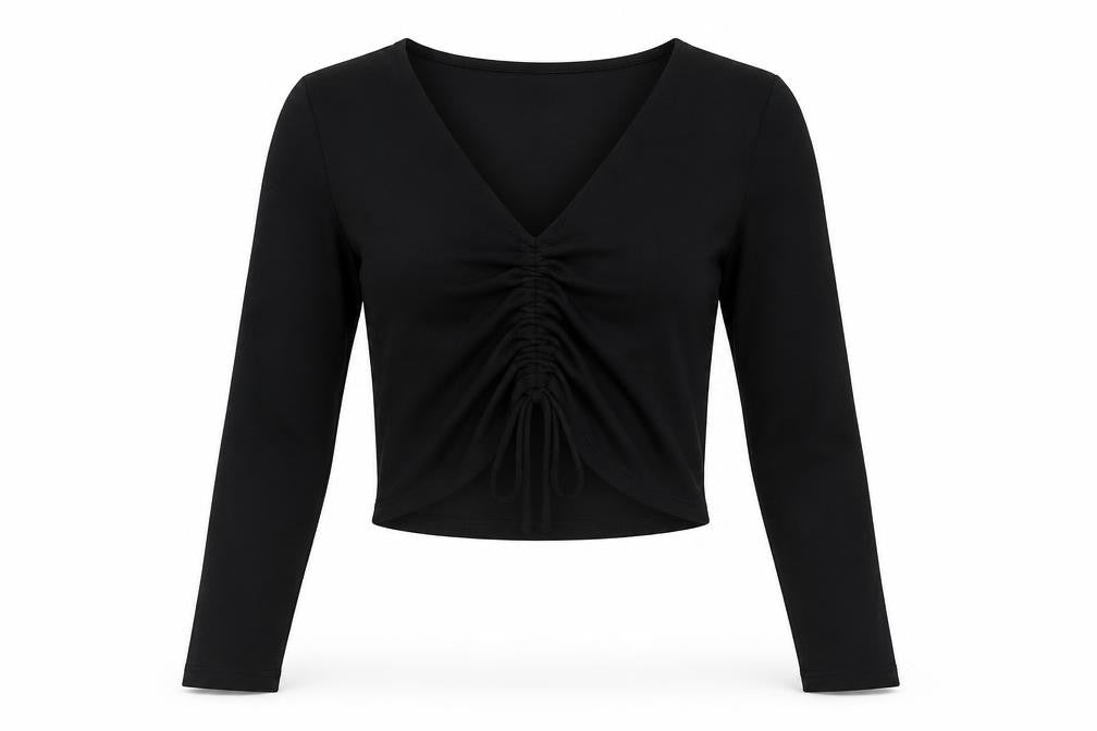Front view of Divided by H&M women’s black polyester cropped blouse, size S, v-neck - ruched