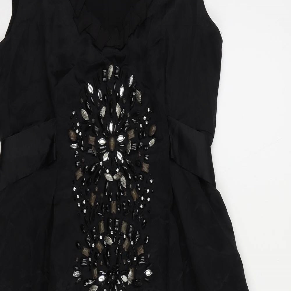 Phase Eight Womens Black Silk A-Line Size 14 Scoop Neck Zip - Embellished